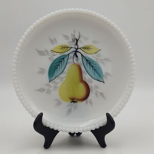 Vintage Westmoreland Hand Painted Milk Glass Plate w/ Hobnail Trim - Pear
